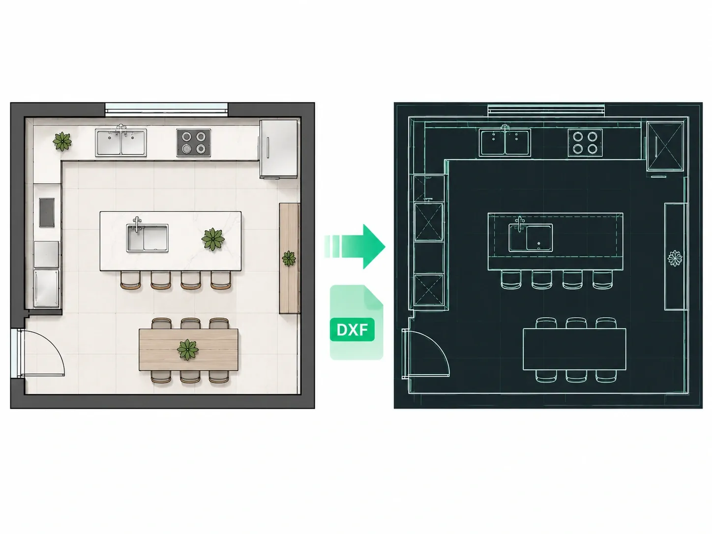 Planimetria di una cucina convertita in DXF