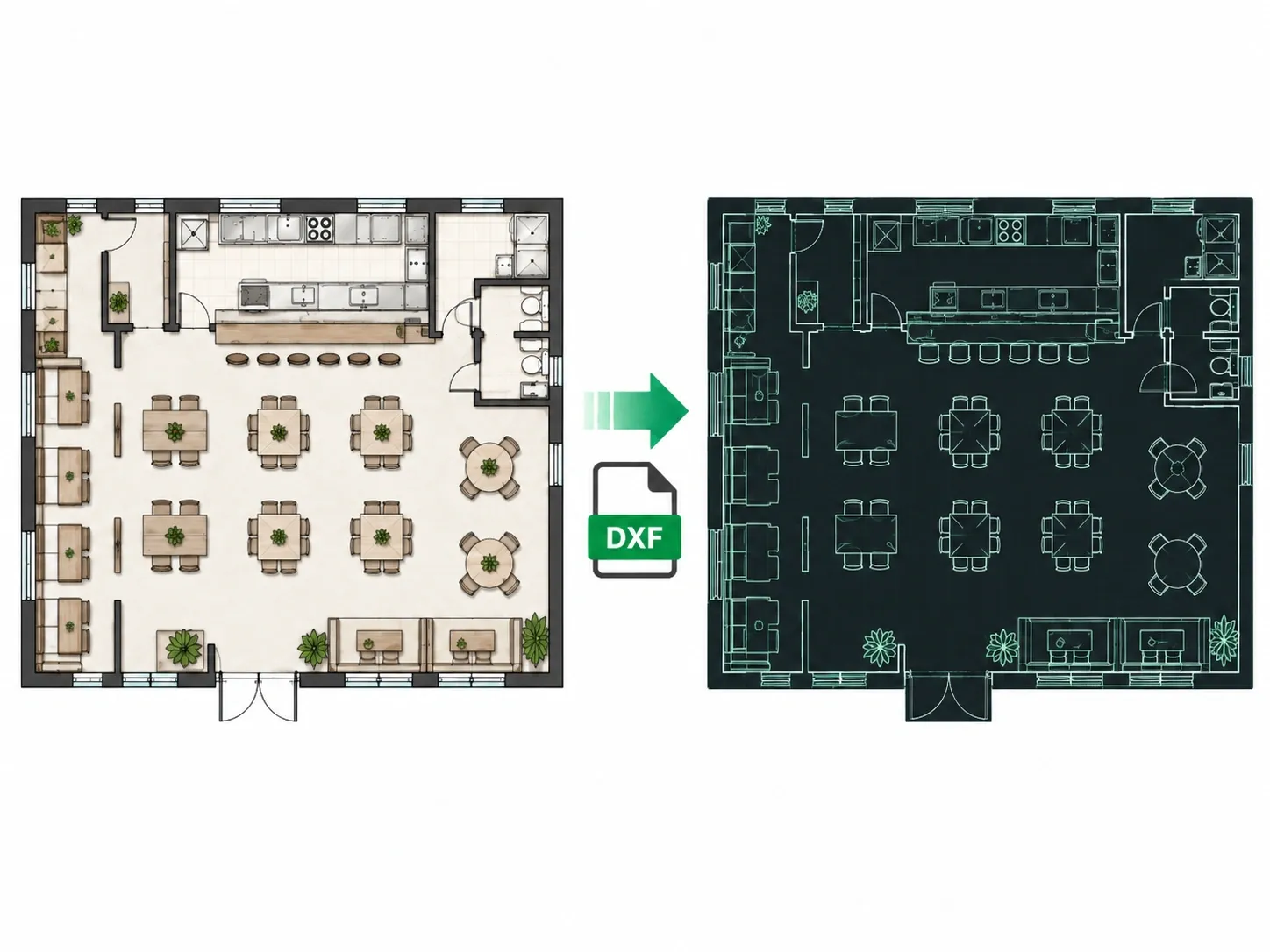 Planimetria di un ristorante convertita in DXF